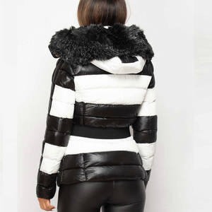 Women's <b>Black</b> White Striped <b>Fur</b> <b>Hood</b> Quilted Puffer Jacket Detachable <b>Hood</b> Winter <b>Coat</b> - Product Image 2