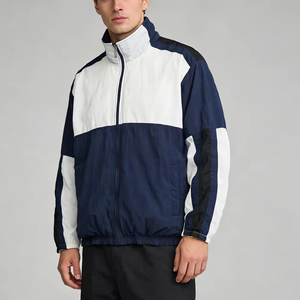 Men's Navy White Color Blocked <b>Racer</b> <b>Jacket</b> Stand Collar Zipper Closure Windproof Casual Polyester Autumn Regular Fit - Product Image 3