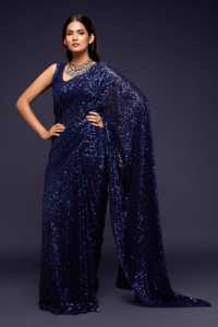 Sari de Georgette Azul Marino de Lujo Moderno con Lentejuelas y Diseño a Mano, Trabajo de Lentejuelas Azul Real Pesado, Diseño Exclusivo para Bodas y Fiestas Indias - Product Image 3