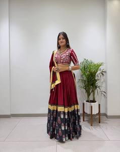 Traditional Indian Pakistani Women's Cotton Lehenga Set Red <b>Black</b> Embroidered <b>Floor</b>-<b>Length</b> Regular Fit All Seasons - Product Image 1