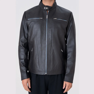 Icon by Gilani <b>Men</b>’s Black Biker <b>Leather</b> <b>Jacket</b> - Moto Cafe Racer <b>Jacket</b> Black - Product Image 1