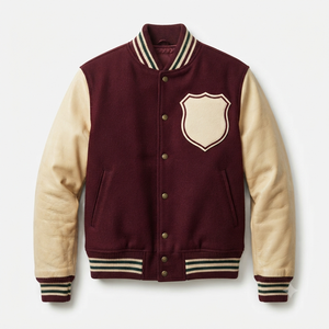 <b>Men's</b> Maroon Varsity <b>Jacket</b> With Cream <b>Leather</b> Sleeves And Shield Patch Preppy Style Turn-down Collar Button Closure Autumn Wear - Product Image 4