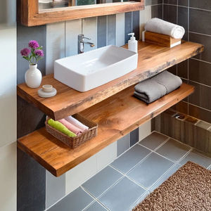 Console de salle de bain murale en bois de style luxueux 2026 avec deux niveaux d'étagères de rangement ouvertes, conçue pour les salles de bain modernes - Product Image 1