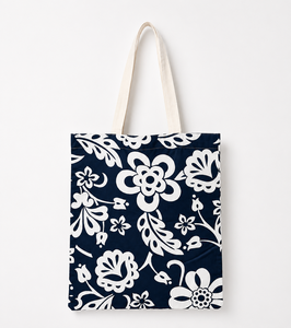 <b>Canvas</b> <b>Tote</b> Bag Navy Blue White Floral Pattern Medium Size Shopping Bag Shoulder Handle Grocery Use - Product Image 1