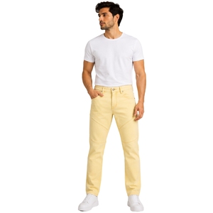 Pastel Yellow Mens Slim Fit Denim Jeans Straight Leg Casual Fashion Pants Stitched <b>Knee</b> Detail Streetwear Trousers With Pockets - Product Image 1