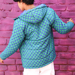 Men's Blue Green Plaid Hooded Puffer Jacket Windproof Casual Winter Outerwear Regular Fit Zipper Closure Polyester Shell - Product Image 5