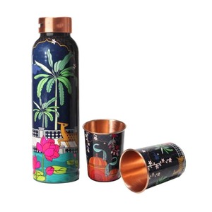 Designer Floral Copper <b>Bottle</b> and Glass Set Contemporary Drinkware for Office Travel Dining and Gifting Use - Product Image 1