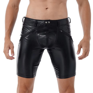 Shorts Bermuda pour homme en PU noir avec empiècements en mesh, taille à cordon de serrage, style décontracté - Product Image 3