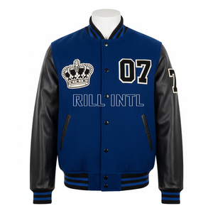 เสื้อแจ็คเก็ตวาร์ซิตี้ผู้ชาย Rill Intl สีน้ำเงิน-ดำ แขนหนัง PU ปักลายมงกุฎ 07 ดีไซน์แพทช์  สำหรับใส่ลำลองในฤดูใบไม้ร่วง - Product Image 6