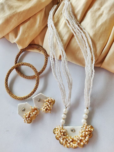 handmade fabric coin pendant multi strand pearl <b>necklace</b> set with <b>matching</b> stud earrings and beaded bangles jewellery - Product Image 5