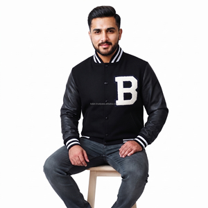 Veste universitaire noire pour homme avec broderie de la lettre B blanche, manches en cuir de vachette, vêtement décontracté, veste universitaire - Product Image 2