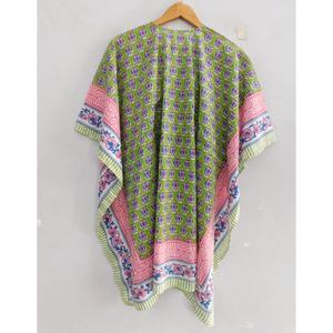 เสื้อคลุมผ้าฝ้ายทำมือรักษ์โลก พิมพ์ลายบล็อก สไตล์โบฮีเมียน เหมาะสำหรับใส่ไปชายหาด แขนทรงปีกค้างคาว คอวี ทรงปกติ เอวธรรมชาติ สำหรับฤดูร้อน - Product Image 4