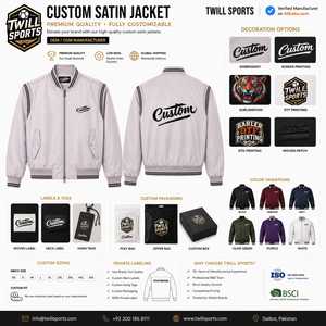 Men's <b>Light</b> Gray Satin Bomber <b>Jacket</b> with Embroidered Custom Logo Front Stand Collar Pullover Closure Casual Winter Wear - Product Image 2