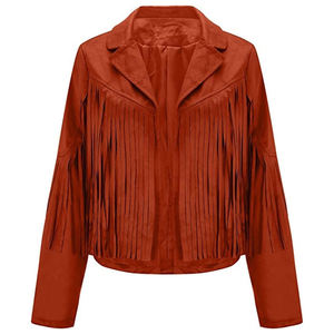 แจ็คเก็ตหนังกลับแต่งพู่แบบใหม่สำหรับผู้หญิง ขายส่งจากผู้ผลิต รับออกแบบตามสั่ง เสื้อแจ็คเก็ตหนังกลับแต่งพู่สไตล์ลำลอง - Product Image 1
