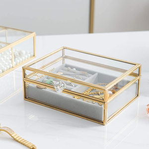Clear Glass Jewelry Box with Removable Velvet Tray Jewelry Case with Lid Vanity Vintage Metal Brass Jewellery Display box