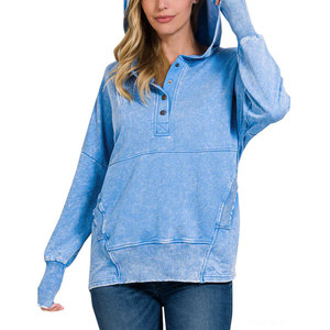 Sudadera con Capucha para Mujer, Estilo Urbano, con Botones, Lavado Ácido, Personalizada, Transpirable, de Algodón y Felpa, para Invierno - Product Image 1