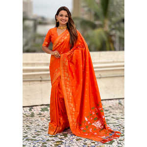 ผ้าไหมปิชไวทอลายสีส้ม ทอแบบซารี เสื้อผ้าอินเดียและปากีสถาน ผ้าทอระดับพรีเมียม 650 กรัม - Product Image 5