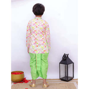 Ensemble Kurta et Dhoti pour garçons indiens, style Pak & Party Wear, blanc et vert lime, imprimé plage, manches longues en coton doux - Product Image 5