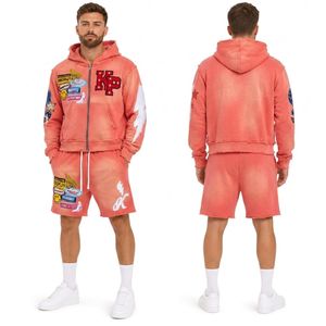 Ensemble de survêtement rose en coton pour homme, 2 pièces, imprimé graphique, tenue décontractée streetwear avec capuche en polaire douce et short assorti - Product Image 2