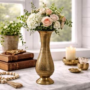 Vase à fleurs en cuivre gravé fait main, design moderne, écologique, à large ouverture, pour la décoration de mariage et la maison - Product Image 1