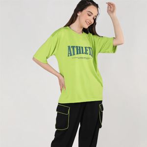 T-shirt décontracté en coton tricoté à manches courtes et col rond pour femme, coupe ample, imprimé athlétique vert lime, printemps-été - Product Image 6