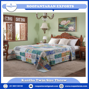 Hand Block Printed Kantha Twin Quilt <b>Throw</b> 150x220 cm Cotton Hand Embroidered Indian Handmade Bedspread Home Export Home Textile - Product Image 2