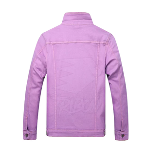 เสื้อแจ็คเก็ตยีนส์สีม่วงสำหรับผู้ชาย คอตั้ง สไตล์ลำลอง ทรงเข้ารูป ผ้าฝ้าย 100% ซักแล้ว เสื้อนอกสำหรับฤดูหนาว มีโลโก้ด้านหน้า เป็นมิตรต่อสิ่งแวดล้อม - Product Image 2