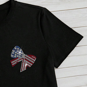 Women's Black Rhinestone Bow T-Shirt Crew Neck Short Sleeve Casual Jersey Fit Regular Size Patriotic <b>Pattern</b> Decorated - Product Image 4