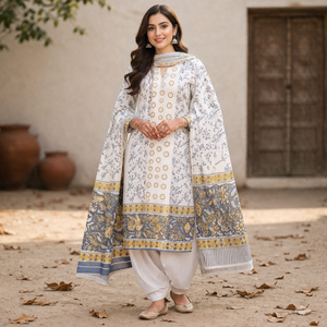 Traje Punjabi Blanco para Mujer |   Conjunto de Kurti y Pijama con Estampado Floral Indio Hecho a Mano con Borde |   Vestido Sarong de Algodón, Obra Maestra - Product Image 2