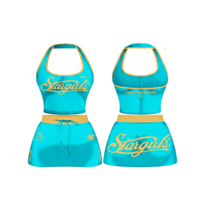 Ensemble de sport pour femme rouge à col licou sans manches avec imprimé logo doré, body extensible et jupe, respirant, séchage rapide, coupe ajustée - Product Image 5