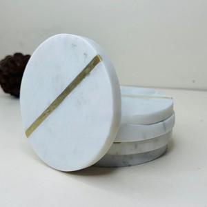 Best Price Set of 4 round Marble Coasters Custom Nature <b>Stone</b> Cup Coaster with Brass Inlay Hot Selling <b>Stone</b> Crafts - Product Image 1