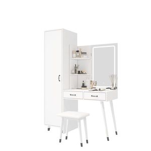 Slim Makeup Vanity <b>Table</b> with LED Mirror and Power Outlets 2 Drawers <b>Tall</b> Armoire Wardrobe Set for Bedroom Dressing - Product Image 3