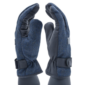 Custom Men Winter Thermal Real Sheepskin Leather <b>Gloves</b> Windproof Luxury Navy Blue Herringbone Tweed Dress <b>Warm</b> Mittens - Product Image 5