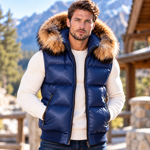 <b>Men's</b> Winter Leather Puffer <b>Vest</b> with Fox Fur Hood | Herren Winter Lederweste mit Fuchspelzkapuze - Product Image 3