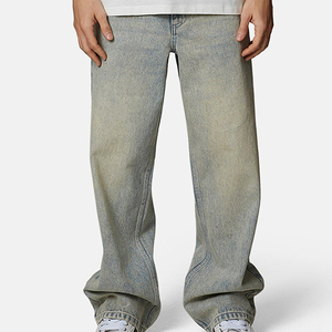 Men's Stonewashed Straight Leg Loose Fit Denim Jeans Mid Waist Casual Cotton Fabric Spring Style - Product Image 4