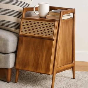 Table de chevet moderne en bois avec tiroir en rotin tressé, design mid-century, meuble de chambre à coucher, table de chevet à un seul tiroir - Product Image 1