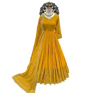 Vestido de fiesta de diseñador de calidad premium Faux Georgette bordado secuencia trabajo Anarkali vestido largo para mujer mayorista de Surat