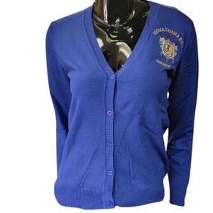 เสื้อคาร์ดิแกน Sigma Gamma Rho สีน้ำเงินรอยัลและสีทอง ปักลายตัวอักษรกรีกแบบกำหนดเอง เสื้อแจ็คเก็ตสเวตเตอร์ปักลายสำหรับชมรมนักศึกษา แฟชั่นวิทยาลัย - Product Image 1