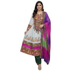 Robe traditionnelle afghane turquoise vibrante avec broderie multicolore complexe, travail miroir, manches larges et jupe à volants - Product Image 1