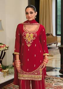 Ensemble Salwar Kameez en velours tissé rouge brodé pour femmes, tenue ethnique d'été, Dupatta, tenue de fête traditionnelle longueur genou - Product Image 4