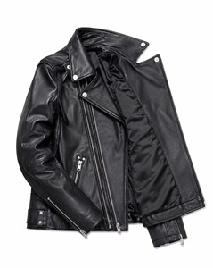 Blouson moto en cuir noir pour homme, coupe ajustée, fermeture éclair asymétrique, col rabattu, couleur unie, style automne - Product Image 3