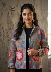 Premium <b>Light</b> Blue Velvet Embroidered Suzani Jacket Floral Pattern Full Sleeve Stand Collar Handmade Bohemian Style Winter <b>Coat</b> - Product Image 4