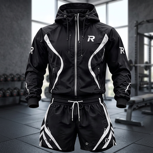 Men <b>Black</b> Solid Hooded Lightweight Tracksuit Full Sleeve Zipper Front Quick Dry Sporty <b>Shorts</b> Set Regular Fit Autumn Wear - Product Image 4
