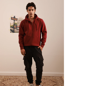 Custom Logo Heavyweight Cotton Fleece Full Zip-Up Hoodie <b>Men</b> Solid Maroon <b>Red</b> Casual Streetwear <b>Sweatshirt</b> - Product Image 4