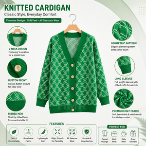 HMR Sisterhood Sorority Cardigan en acrylique vert à motif géométrique tricoté, col en V, manches longues, fermeture boutonnée, décontracté - Product Image 6