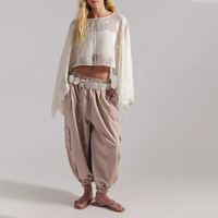 Pantalon de survêtement décontracté beige en molleton de coton pour femme, coupe ample, taille élastique, longueur cheville, style printemps, couleur unie, effet délavé vintage, avec poches