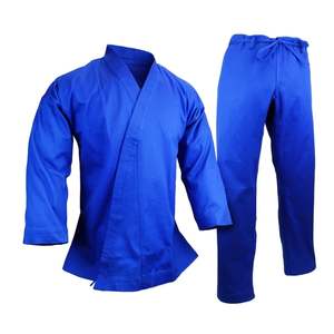 Uniforme de karaté bleu 100% coton pour adulte unisexe, vêtement d'arts martiaux durable, coupe ample, taille élastique, 140g, ceinture blanche, logo au dos et au cou - Product Image 1