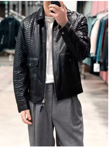 Men s Embossed Crocodile <b>Pattern</b> PU Leather Jacket Turn-down Collar Zipper Closure Slim Fit Moto Biker Style Autumn Outerwear - Product Image 4