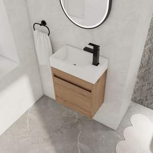 18 "a parete galleggiante bagno vanità con lavello in resina bianca Soft-Close porta dell'armadio in stile moderno vanità per piccoli bagni - Product Image 5