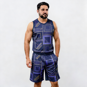 Men's Geometric Print Tank Top And Shorts <b>Set</b> Crew Neck Quick Dry <b>Knitted</b> Polyester Sporty Summer Outfit - Product Image 1